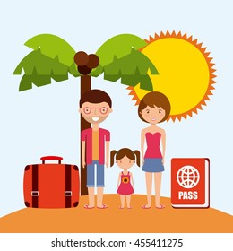 Swimming and vacations concept represented by family cartoon island palm tree icon. Colorfull and flat illustration. 
