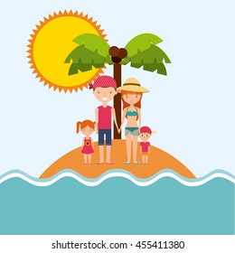 Swimming and vacations concept represented by family cartoon island palm tree icon. Colorfull and flat illustration. 