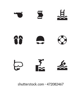 Swimming vector icons. Simple illustration set of 9 swimming elements, editable icons, can be used in logo, UI and web design