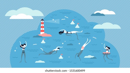 Swimming vector illustration. Flat tiny water sport activity person concept. Various swim styles athletes summer vacation. Ocean, sea or pool wave fun as leisure for healthy lifestyle and recreation.