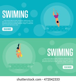 Swimming vector illustration. Man jumping into sea, swimming man on blue background