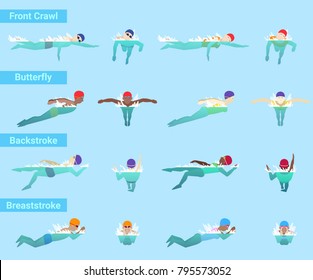 Swimming vector swimmer sportsman swims in swimsuit and swimmingcap in swimmingpool different styles front crawl butterfly or backstroke and breaststroke underwater illustration isolated on background