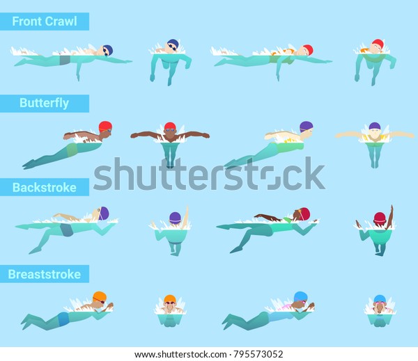 水着とスイミングプールのスミングキャップで泳ぐベクター水泳スポーツマーは 背景にさまざまなスタイルの前這い蝶 背泳ぎと胸泳ぎの水中イラストを描く のベクター画像素材 ロイヤリティフリー