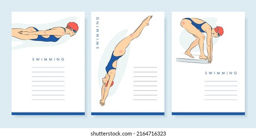 Colección vertical de carteles o banners para nadar. Ilustración vectorial de una bella joven atlética con traje de baño azul. Concepto de competencia de natación