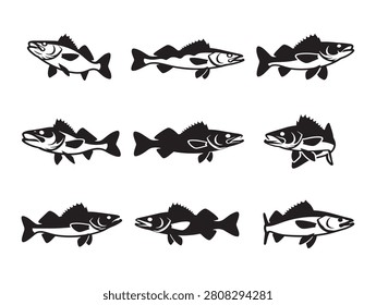Swimming Walleye Fish Silhouette Collection in Solid Black Minimalist Style