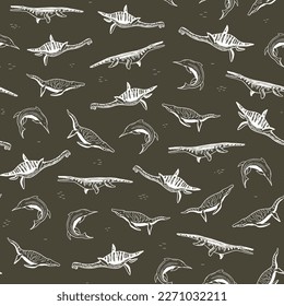 Swimming water dinosaur vector seamless pattern.