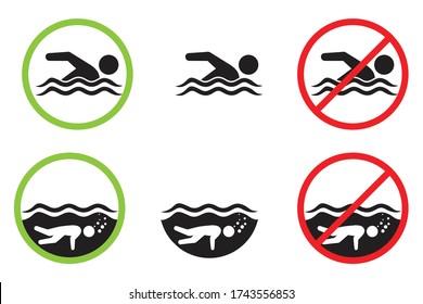 natación en un conjunto de iconos de agua, natación y submarinismo prohibidos, área de nado Signo o símbolo de información, ilustración vectorial