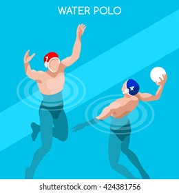 Swimming Water Polo Players Sportsman Games Icon Set. 3D Isometric Swimmer Player. Water Polo Match Sporting Competition. Summer Sports Infographic Swimming Water Polo Team event people Vector Image