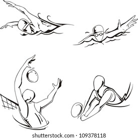 Swimming and water polo. Set of black and white vector illustrations.