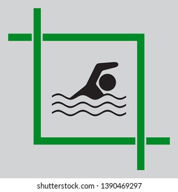 Swimming water sport sign. Black icon inside green crop tool at light gray background