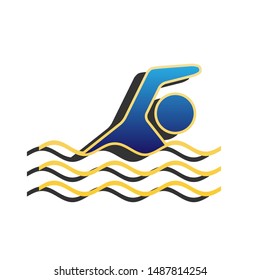 Swimming water sport sign. Blue icon with gold contour with dark gray shadow at white background. Illustration.