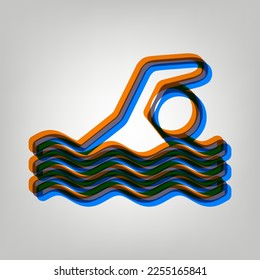 Swimming water sport sign. Stroked Icon in orange, azure and old lavender Colors at gray Background. Illustration.