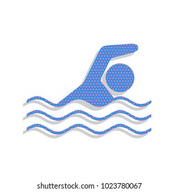 Swimming water sport sign. Vector. Neon blue icon with cyclamen polka dots pattern with light gray shadow on white background. Isolated.