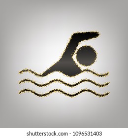 Swimming water sport sign. Vector. Blackish icon with golden stars at grayish background.