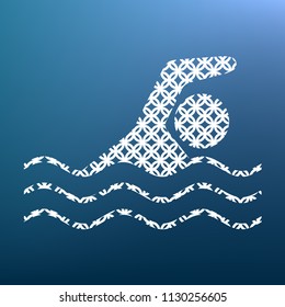 Swimming water sport sign. Vector. White textured icon at lapis lazuli gradient background.