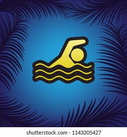 Swimming water sport sign. Vector. Golden icon with black contour at blue background with branches of palm trees.