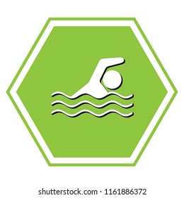 Swimming water sport sign. Vector. White icon with black shadow at yellow green honeycomb on white background.