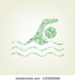 Swimming water sport sign. Vector. Green hexagon rastered icon and noised opacity and size at light green background with central light.