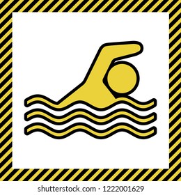 Swimming water sport sign. Vector. Warm yellow icon with black contour in frame named as under construction at white background. Isolated.