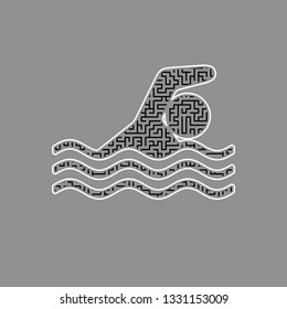 Swimming water sport sign. Vector. Black maze filled icon with white border at gray background.