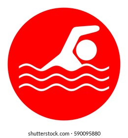 Swimming water sport sign. Vector. White icon in red circle on white background. Isolated.