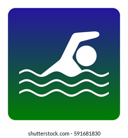 Swimming water sport sign. Vector. White icon at green-blue gradient square with rounded corners on white background. Isolated.