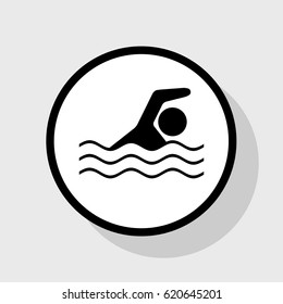 Swimming water sport sign. Vector. Flat black icon in white circle with shadow at gray background.