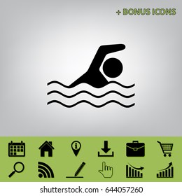 Swimming water sport sign. Vector. Black icon at gray background with bonus icons 