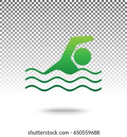 Swimming water sport sign. Vector. Green gradient icon with shadow at bottom on transparent and white background.