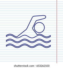 Swimming water sport sign. Vector. Navy line icon on notebook paper as background with red line for field.