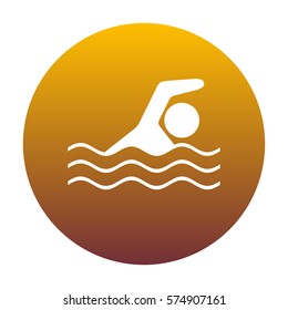 Swimming water sport sign. White icon in circle with golden gradient as background. Isolated.