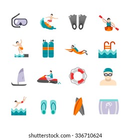 Swimming and water sports flat icons set isolated vector illustration