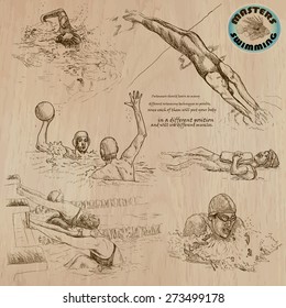 SWIMMING and Water Sports (set no.1) - Collection of an hand drawn vector illustrations. Each drawing comprise a few layers of lines, the colored background is isolated. Easy editable illustration.