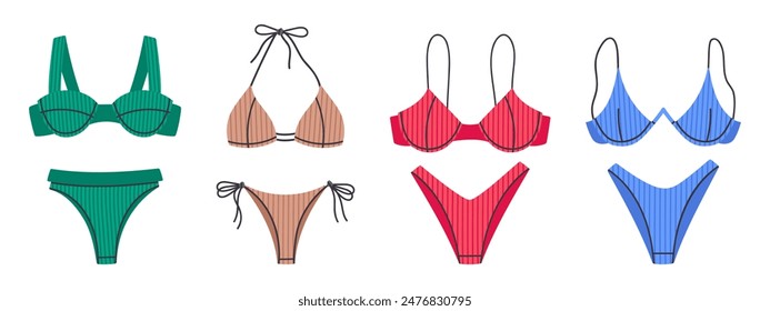 Swimming wear. Colorful bikini, stylish bras and panties, women's beach fashion swimwear flat vector illustration set. Summer vacation female garments