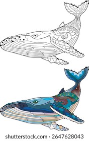 Swimming whale for anti stress Coloring Page. Color and outline set