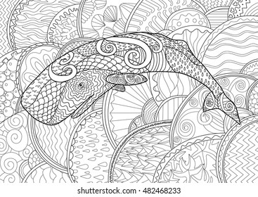 Swimming whale for anti stress Coloring Page with high details, isolated on the abstract marine background, illustration in zentangle style. Vector monochrome drawing with cachalot. Marine collection.
