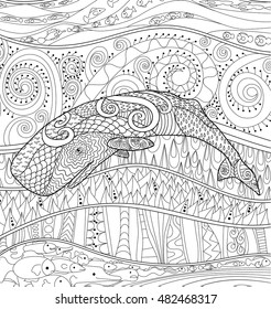 Swimming whale for anti stress Coloring Page with high details, isolated on the abstract marine background, illustration in zentangle style. Vector monochrome drawing with cachalot. Marine collection.