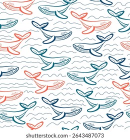 Swimming Whale Seamless Pattern Line Art Style. Cachalot Simple Hand Drawn Art Print for Trendy Design. Ocean Animals Abstract Vector Illustration in Doodle Sketch Style. Not AI