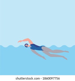 Swimming woman weared blue swimsuite. Flat vector illustration. Woman action character