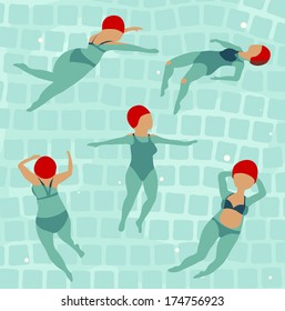 Swimming Women in Pool. Swimming pool and girls illustration. Vector EPS8.