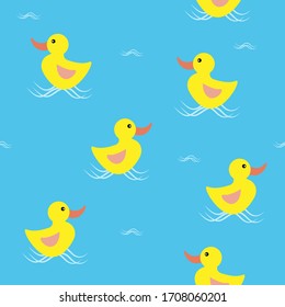Swimming yellow Little Duck seamless pattern with blue sky background