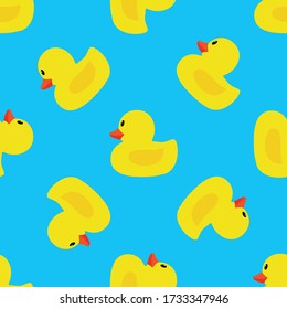 Swimming yellow Little Duck seamless pattern with bright blue background