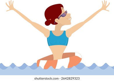 Nadando mulher jovem com boia salva-vidas. 
Mulher nadadora com boia salva-vidas. Verão. Resort. Recreação na água
