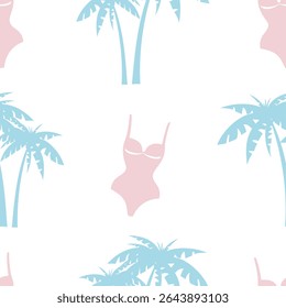 swimsuit, beach, sea, summer, palm trees, rainbows, sun. Vector summer pattern in pastel colors on a white background in flat style. Vector illustration on the theme of rest and travel
