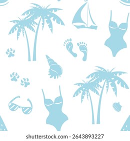 swimsuit, beach, sea, summer, palm trees, rainbows, sun. Vector summer pattern in pastel colors on a white background in flat style. Vector illustration on the theme of rest and travel