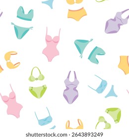 swimsuit, beach, sea, summer, palm trees, rainbows, sun. Vector summer pattern in pastel colors on a white background in flat style. Vector illustration on the theme of rest and travel