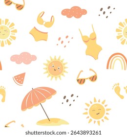 swimsuit, beach, sea, summer, palm trees, rainbows, sun. Vector summer pattern in pastel colors on a white background in flat style. Vector illustration on the theme of rest and travel