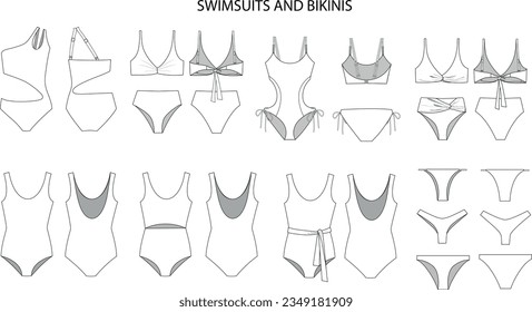 swimsuit and bikinis vector drwing set, front and back, beach wear CAD, fashion summer collection flat