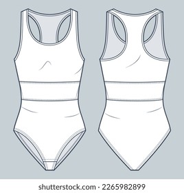 Swimsuit, Bodysuit technical fashion illustration. One-Piece Swimsuit fashion flat technical drawing template, front and back view, white color, women, men, unisex underwear CAD mockup.