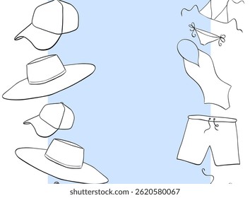 Swimsuit cap and hat frame seamless vertical border template for text. Vector graphic line ink illustration. Summer Pool Background For logo, web, package, sticker.
